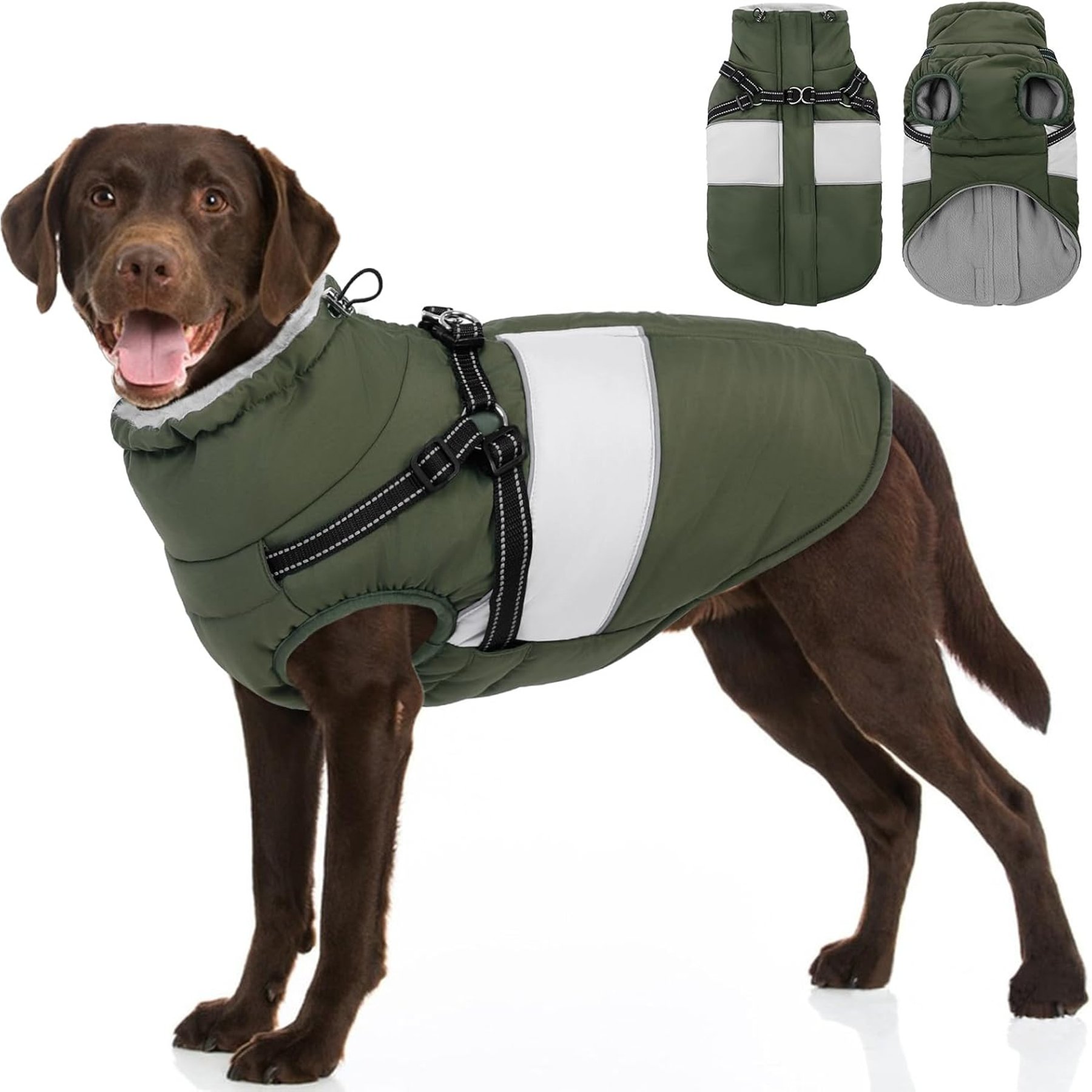 NANAKI Waterproof Reflective Fleece Snowsuit Dog Coat with Built-in Harness, Green, XXX-Large