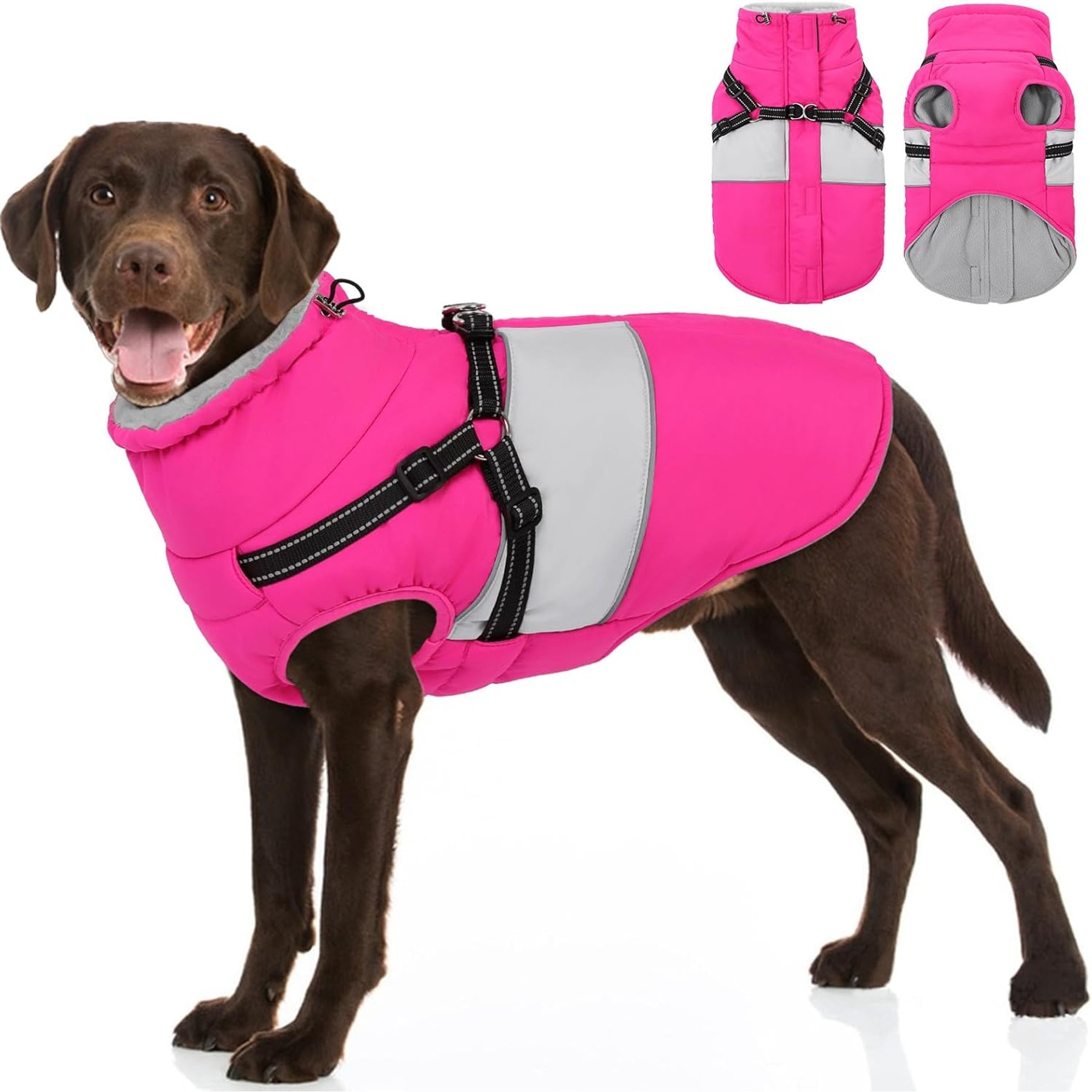 NANAKI Waterproof Zippered Fleece Snowsuit Dog Coat with Built-in Harness, RoseRed, Large