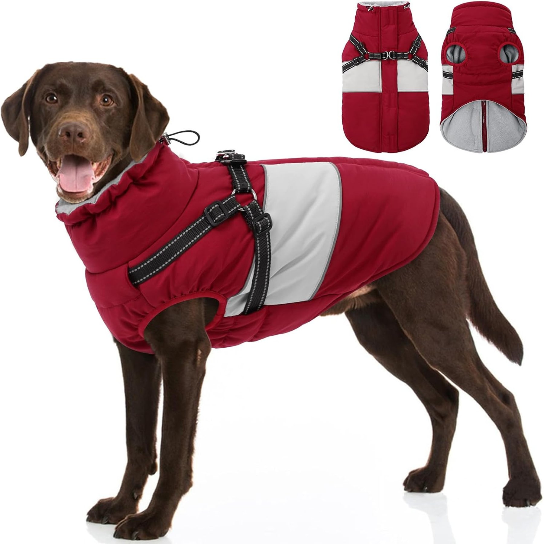 NANAKI Waterproof Zippered Fleece Snowsuit Dog Coat with Built-in Harness, Red, Large