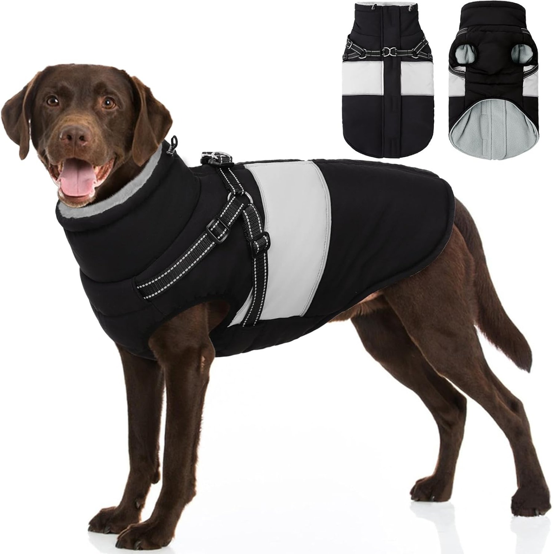 NANAKI Waterproof Reflective Fleece Snowsuit Dog Coat with Built-in Harness, Black, XXX-Large