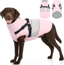 NANAKI Waterproof Zippered Fleece Snowsuit Dog Coat with Built-in Harness, Pink, Large