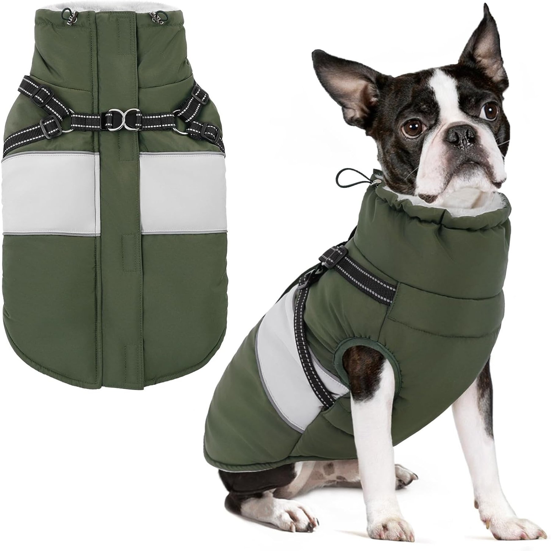 NANAKI Waterproof Snowsuit Zipper On Back Dog Coat with Built-in Harness, Green, X-Small