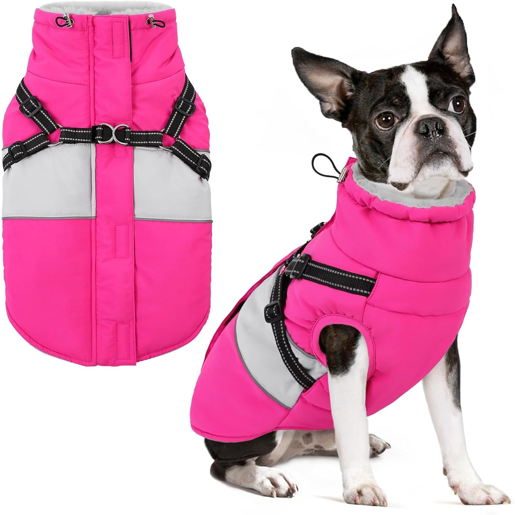 NANAKI Waterproof Snowsuit Zipper On Back Dog Coat with Built-in Harness, RoseRed, X-Small