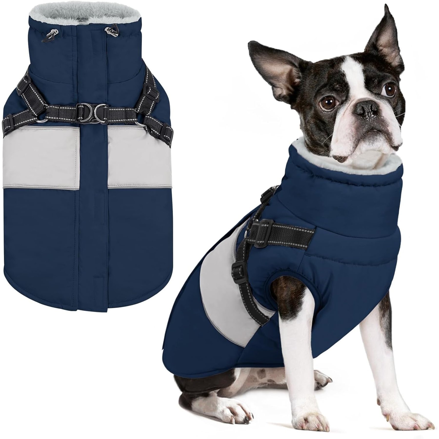 NANAKI Waterproof Snowsuit Zipper On Back Dog Coat with Built-in Harness, Blue, Small