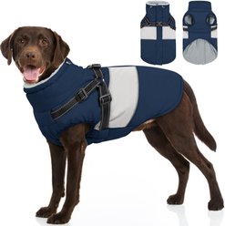 NANAKI Waterproof Zippered Fleece Snowsuit Dog Coat with Built-in Harness, Blue, Large