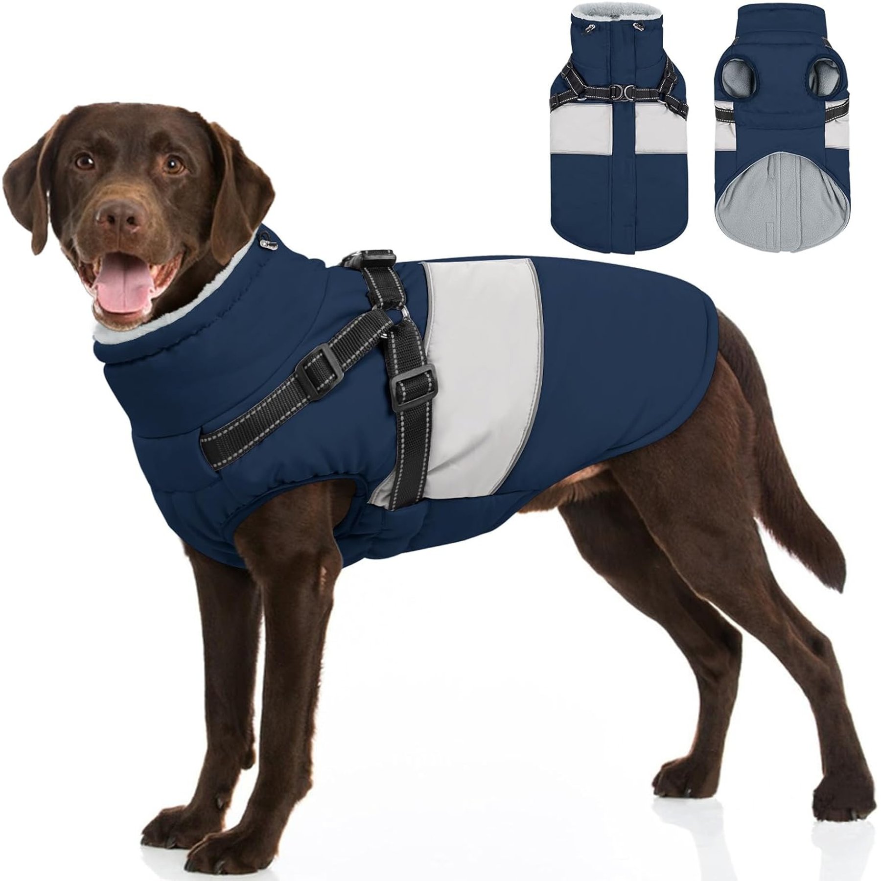 NANAKI Waterproof Zippered Fleece Snowsuit Dog Coat with Built-in Harness, Blue, Large