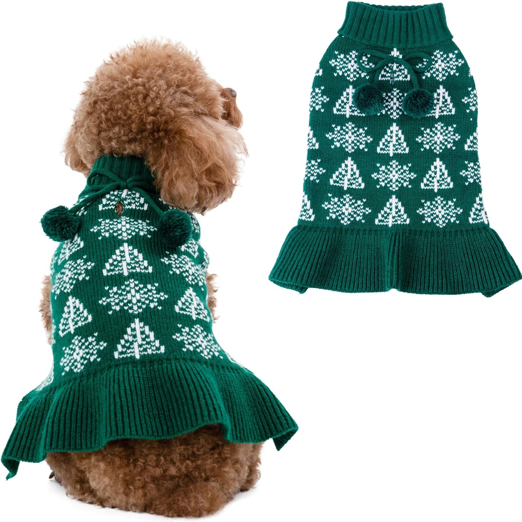 CuteBone Snowflake Dog Sweater Dress, Green, Medium