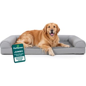 FurHaven Plush & Suede Cooling Gel Bolster Dog Bed with Removable Cover, Gray, Jumbo