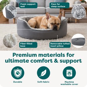 FurHaven Two-Tone Faux Fur & Suede Oval Dog & Cat Bed, Gray, Medium