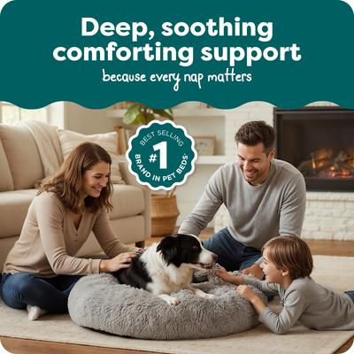 Show full view: FurHaven Calming Cuddler Long Fur Donut Bolster Dog Bed, Mist Gray, Large slide 2 of 10
