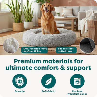 Show full view: FurHaven Calming Cuddler Long Fur Donut Bolster Dog Bed, Mist Gray, Large slide 4 of 10