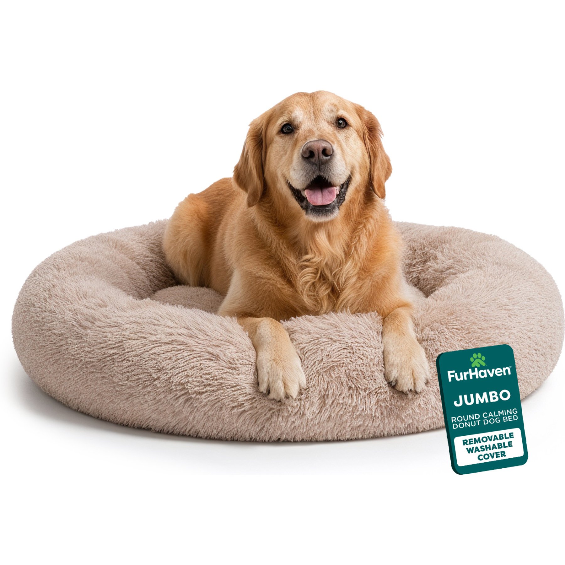 FurHaven Calming Cuddler Long Fur Donut Bolster Dog Bed, Taupe, Jumbo