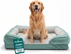 FurHaven Velvet Waves Perfect Comfort Cooling Gel Bolster Cat & Dog Bed with Removable Cover, Celadon Green, Jumbo