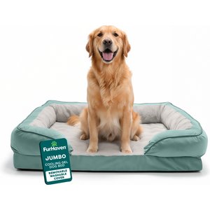 FurHaven Velvet Waves Perfect Comfort Cooling Gel Bolster Cat & Dog Bed with Removable Cover, Celadon Green, Jumbo