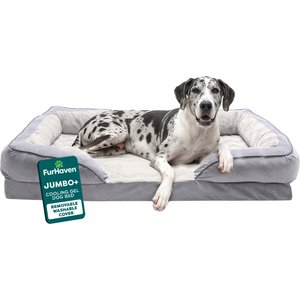 FurHaven Velvet Waves Perfect Comfort Cooling Gel Bolster Cat & Dog Bed with Removable Cover, Granite Gray, Jumbo Plus