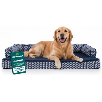 FurHaven FurHaven Comfy Couch Orthopedic Bolster Dog Bed with Removable Cover, Diamond Blue, Jumbo