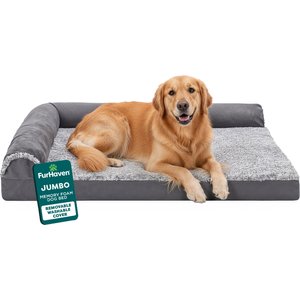 FurHaven Two-Tone Deluxe Chaise Memory Top Cat & Dog Bed with Removable Cover, Stone Gray, Jumbo