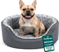 FurHaven Two-Tone Faux Fur & Suede Oval Dog & Cat Bed, Gray, Medium