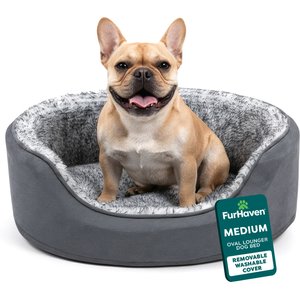 FurHaven Two-Tone Faux Fur & Suede Oval Dog & Cat Bed, Gray, Medium