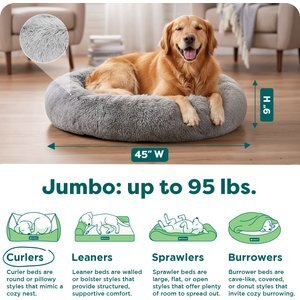 FurHaven Calming Cuddler Long Fur Donut Bolster Dog Bed, Mist Gray, Jumbo