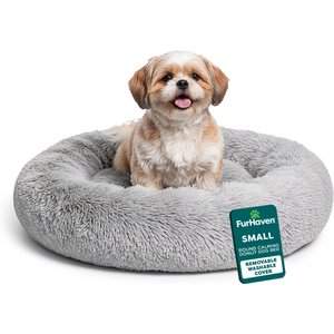 FurHaven Calming Cuddler Long Fur Donut Bolster Dog Bed, Mist Gray, Small