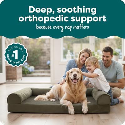 Show full view: FurHaven Faux Fur Orthopedic Bolster Dog Bed with Removable Cover, Dark Sage, Jumbo slide 3 of 11