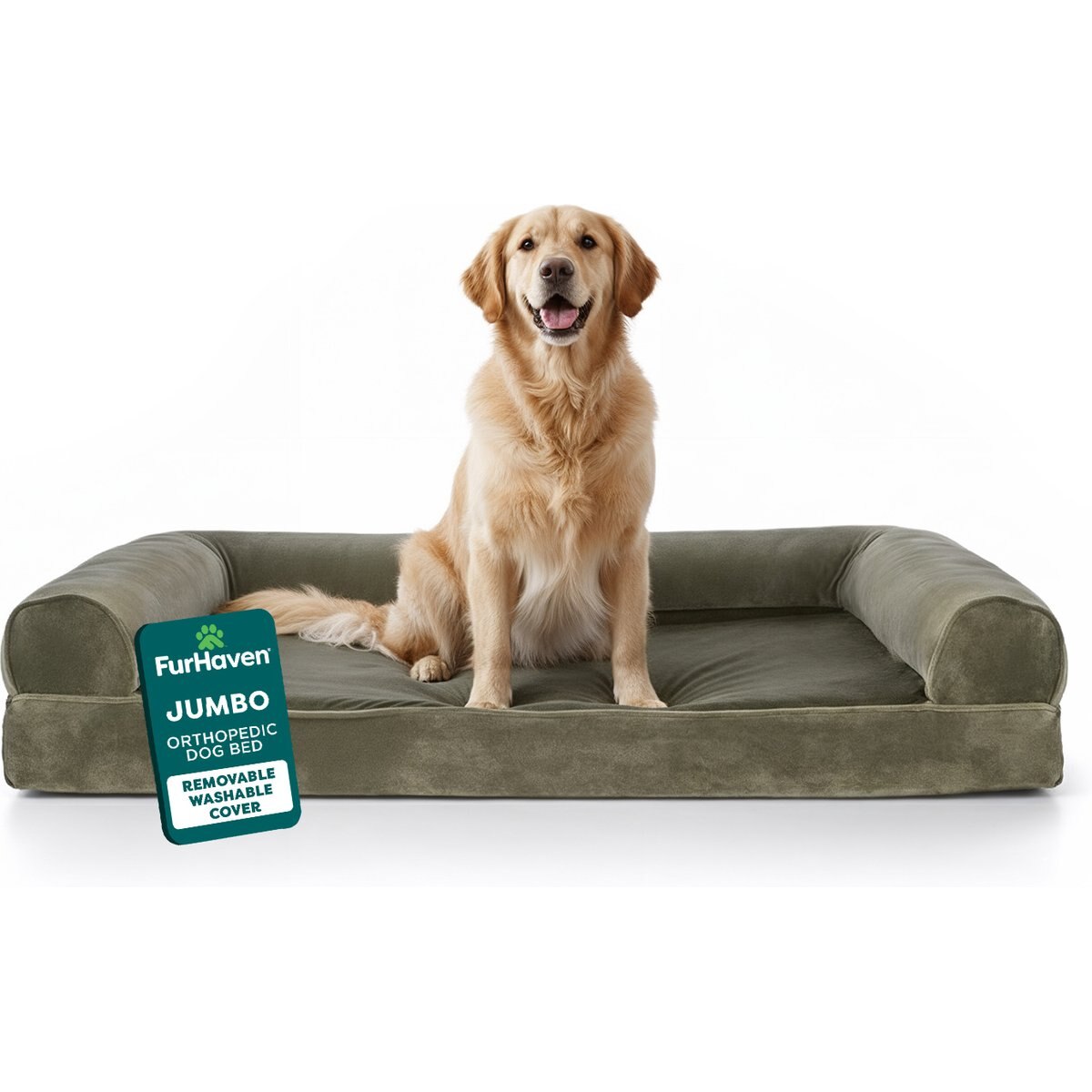 FurHaven Faux Fur Orthopedic Bolster Dog Bed with Removable Cover, Dark Sage, Jumbo