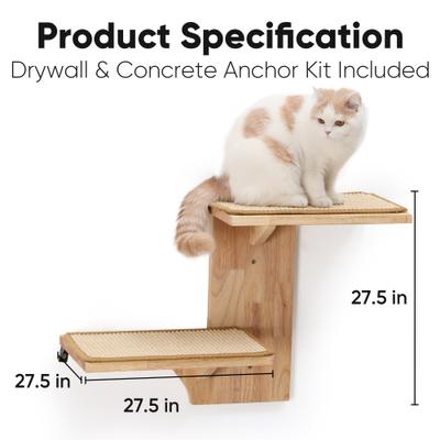 Show full view: FUKUMARU Solid Rubber Wood Wall Mounted Cat Wall Shelf with 2 Platform & Sisal Mat, Brown slide 5 of 7