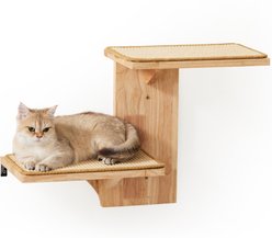 FUKUMARU Solid Rubber Wood Wall Mounted Cat Wall Shelf with 2 Platform & Sisal Mat, Brown