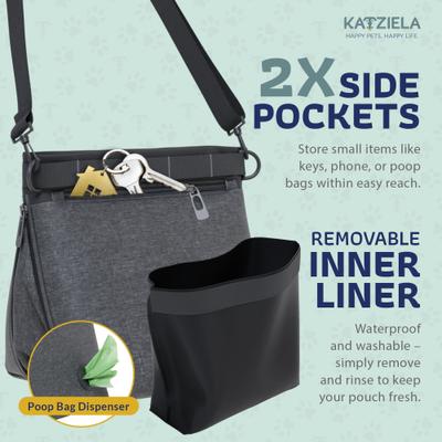 Show full view: Katziela Hands Free Quick Access Magnet Closure Anti Spill Expandable Dog Treat Pouch with Adjustable Shoulder Strap & Belt Clip, Small, Black slide 8 of 9