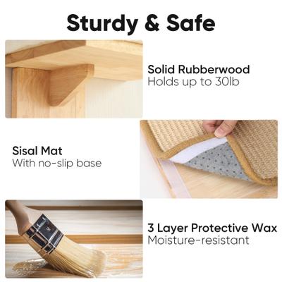 Show full view: FUKUMARU Solid Rubber Wood Wall Mounted Cat Wall Shelf with 2 Platform & Sisal Mat, Brown slide 4 of 7