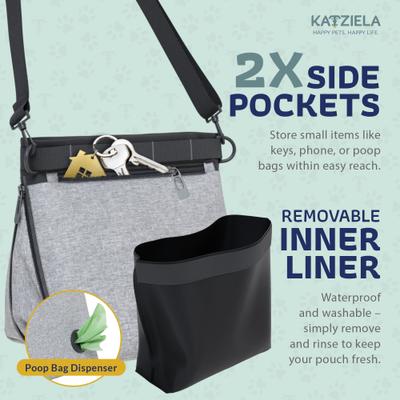 Show full view: Katziela Hands Free Quick Access Magnet Closure Anti Spill Expandable Dog Treat Pouch with Adjustable Shoulder Strap & Belt Clip, Small, Grey slide 9 of 10