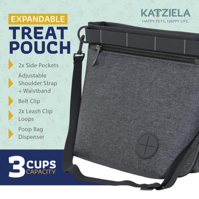 Show full view: Katziela Hands Free Quick Access Magnet Closure Anti Spill Expandable Dog Treat Pouch with Adjustable Shoulder Strap & Belt Clip, Small, Black slide 3 of 9