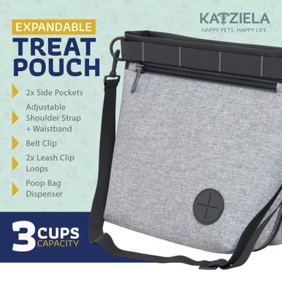 Show full view: Katziela Hands Free Quick Access Magnet Closure Anti Spill Expandable Dog Treat Pouch with Adjustable Shoulder Strap & Belt Clip, Small, Grey slide 4 of 10
