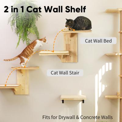 Show full view: FUKUMARU Solid Rubber Wood Wall Mounted Cat Wall Shelf with 2 Platform & Sisal Mat, Brown slide 2 of 7