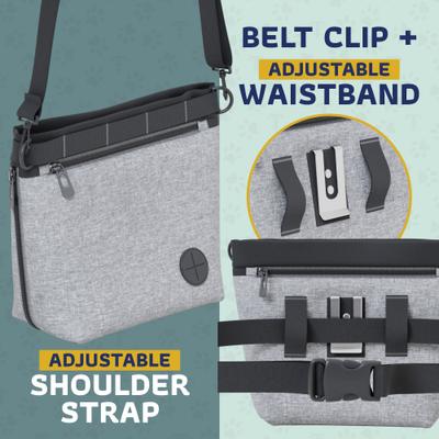 Show full view: Katziela Hands Free Quick Access Magnet Closure Anti Spill Expandable Dog Treat Pouch with Adjustable Shoulder Strap & Belt Clip, Small, Grey slide 8 of 10
