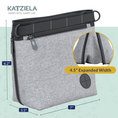 Show full view: Katziela Hands Free Quick Access Magnet Closure Anti Spill Expandable Dog Treat Pouch with Adjustable Shoulder Strap & Belt Clip, Small, Grey slide 3 of 10