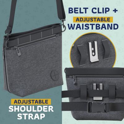 Show full view: Katziela Hands Free Quick Access Magnet Closure Anti Spill Expandable Dog Treat Pouch with Adjustable Shoulder Strap & Belt Clip, Small, Black slide 7 of 9