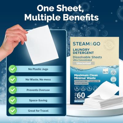 Show full view: Steam & Go Laundry 3-in-1 Dissolvable Detergent Sheets, 30 count slide 5 of 8