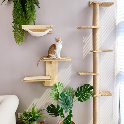 Show full view: FUKUMARU Solid Rubber Wood Wall Mounted Cat Wall Shelf with 2 Platform & Sisal Mat, Brown slide 6 of 7