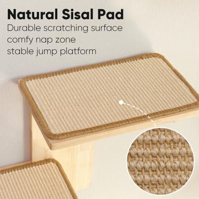 Show full view: FUKUMARU Solid Rubber Wood Wall Mounted Cat Wall Shelf with 2 Platform & Sisal Mat, Brown slide 3 of 7