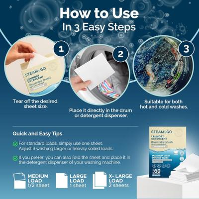 Show full view: Steam & Go Laundry 3-in-1 Dissolvable Detergent Sheets, 30 count slide 6 of 8