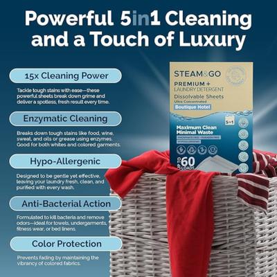 Show full view: Steam & Go Premium+ Laundry 5-in-1 Dissolvable Detergent Sheets, 30 count slide 2 of 8