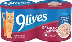 9 Lives Tender Morsels with Real Ocean Whitefish & Tuna Bits in Broth Senior Wet Cat Food, 5.5-oz can, case of 4
