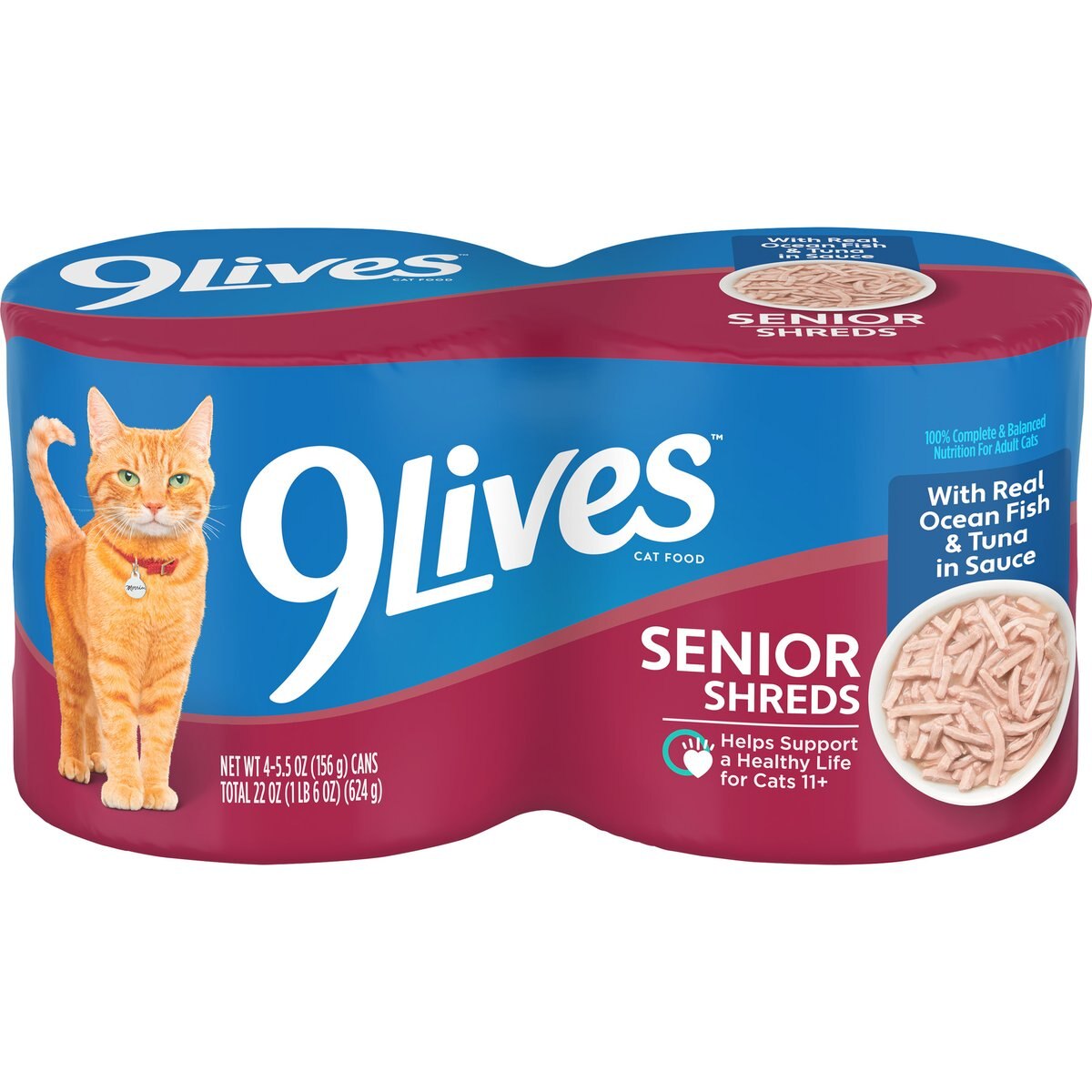 9 Lives Senior Shreds with Real Ocean Fish & Tuna in Sauce Wet Cat Food, 5.5-oz can, case of 4