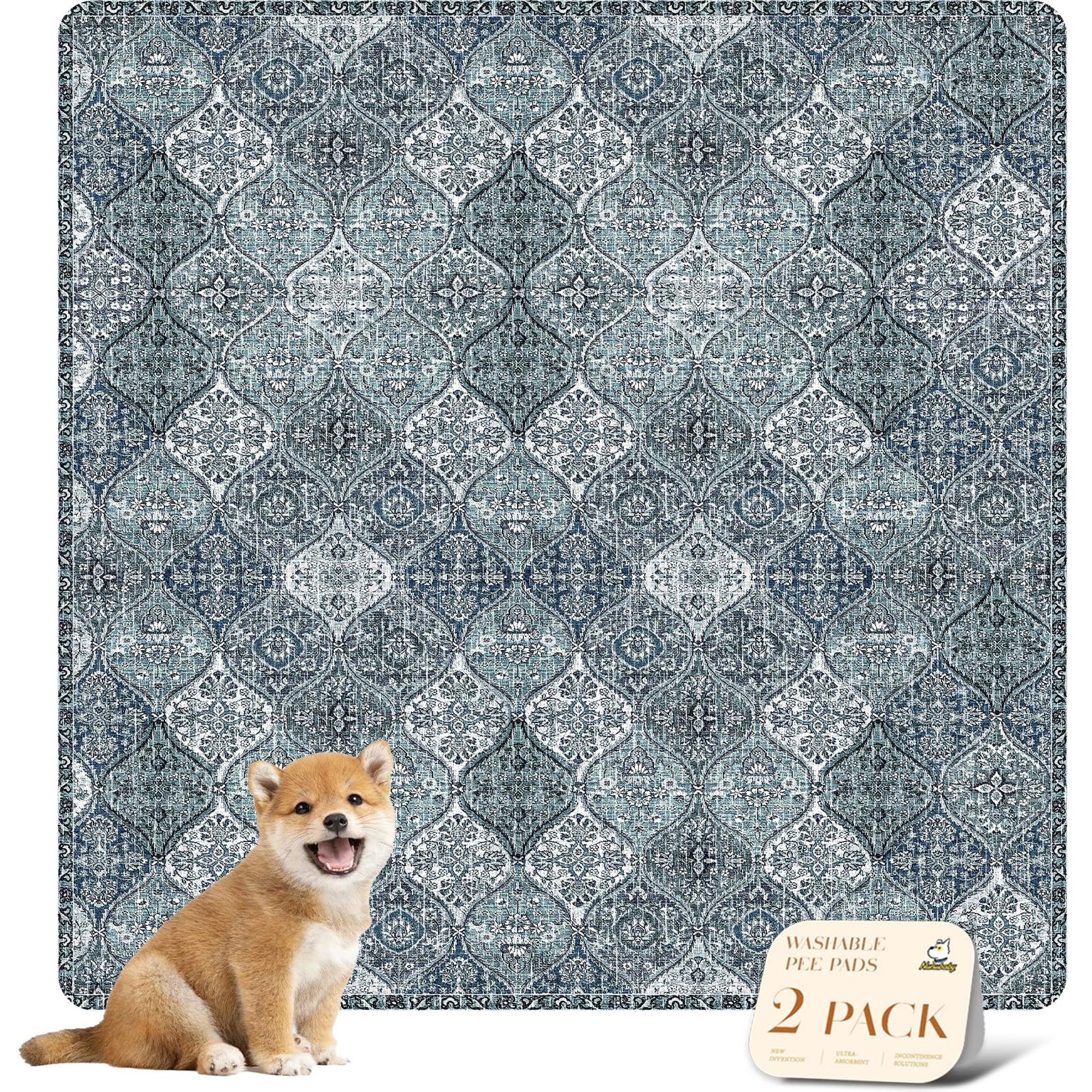 Nunubaby Washable Non-Skid Bottom Dog Pee Pads, Blue/Multi, 48 x 48-in, 2 count