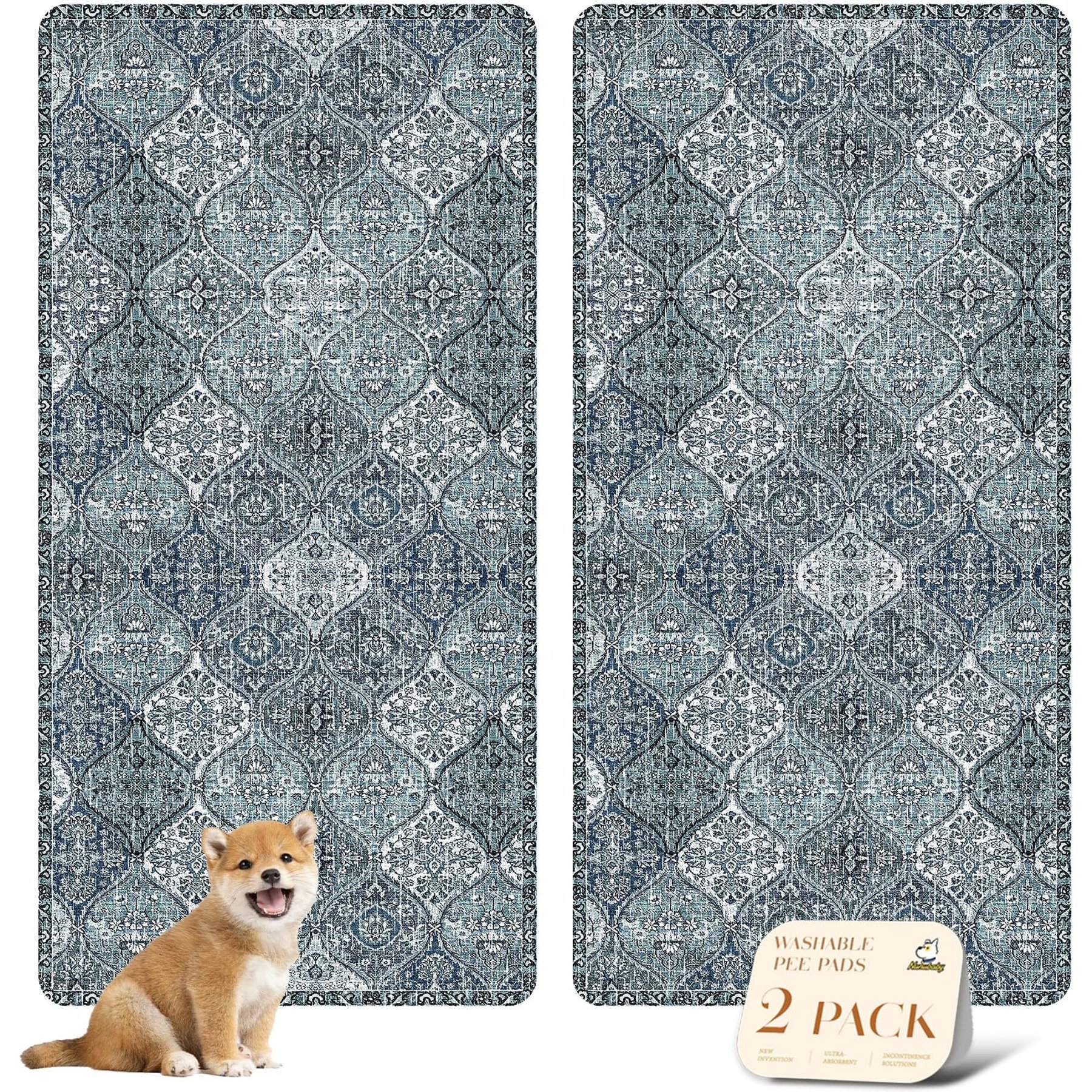 Nunubaby Washable Non-Skid Bottom Dog Pee Pads, Blue/Multi, 36 x 72-in, 2 count