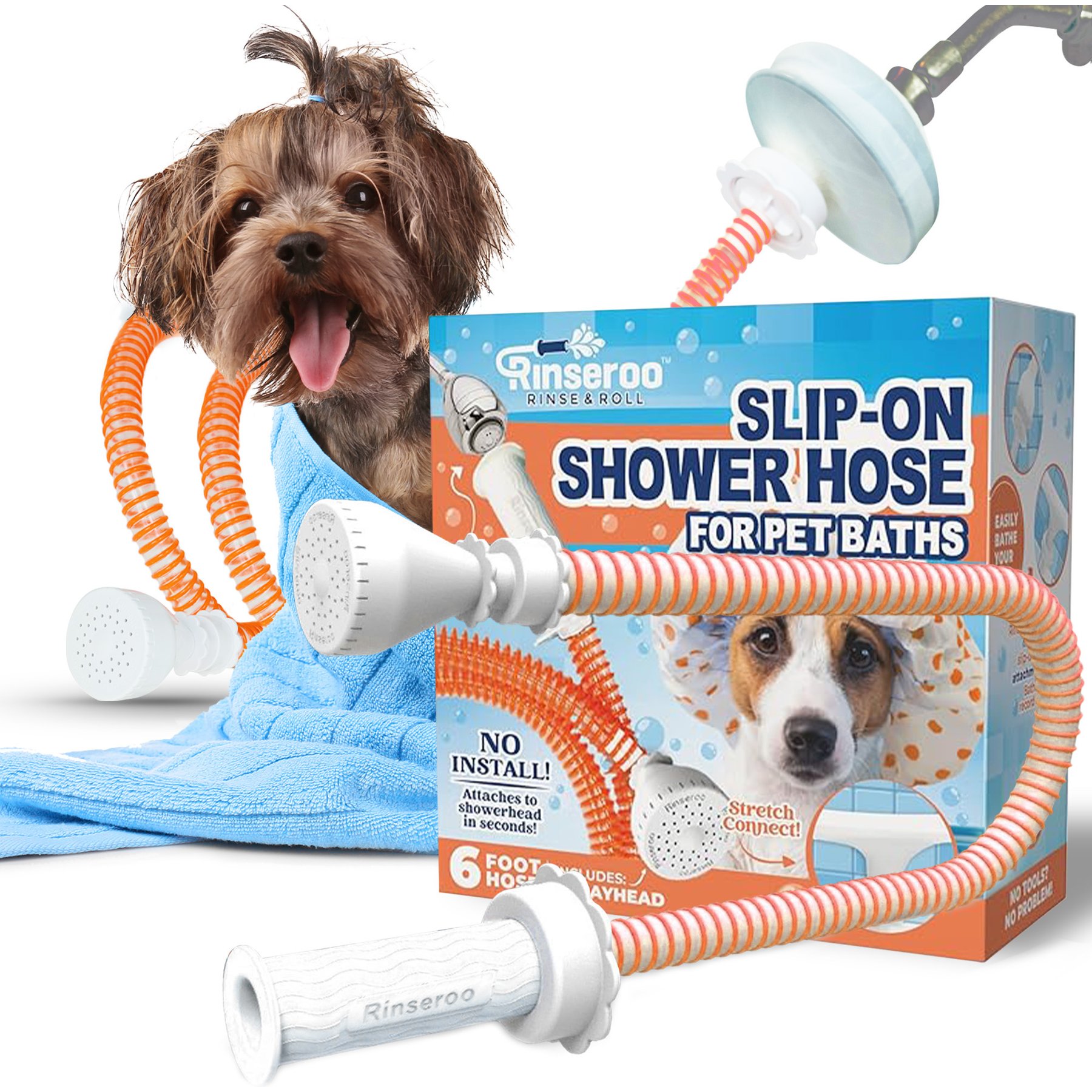 Rinseroo Slip-On Sprayer Dog & Cat Portable Shower, Orange, 6-ft