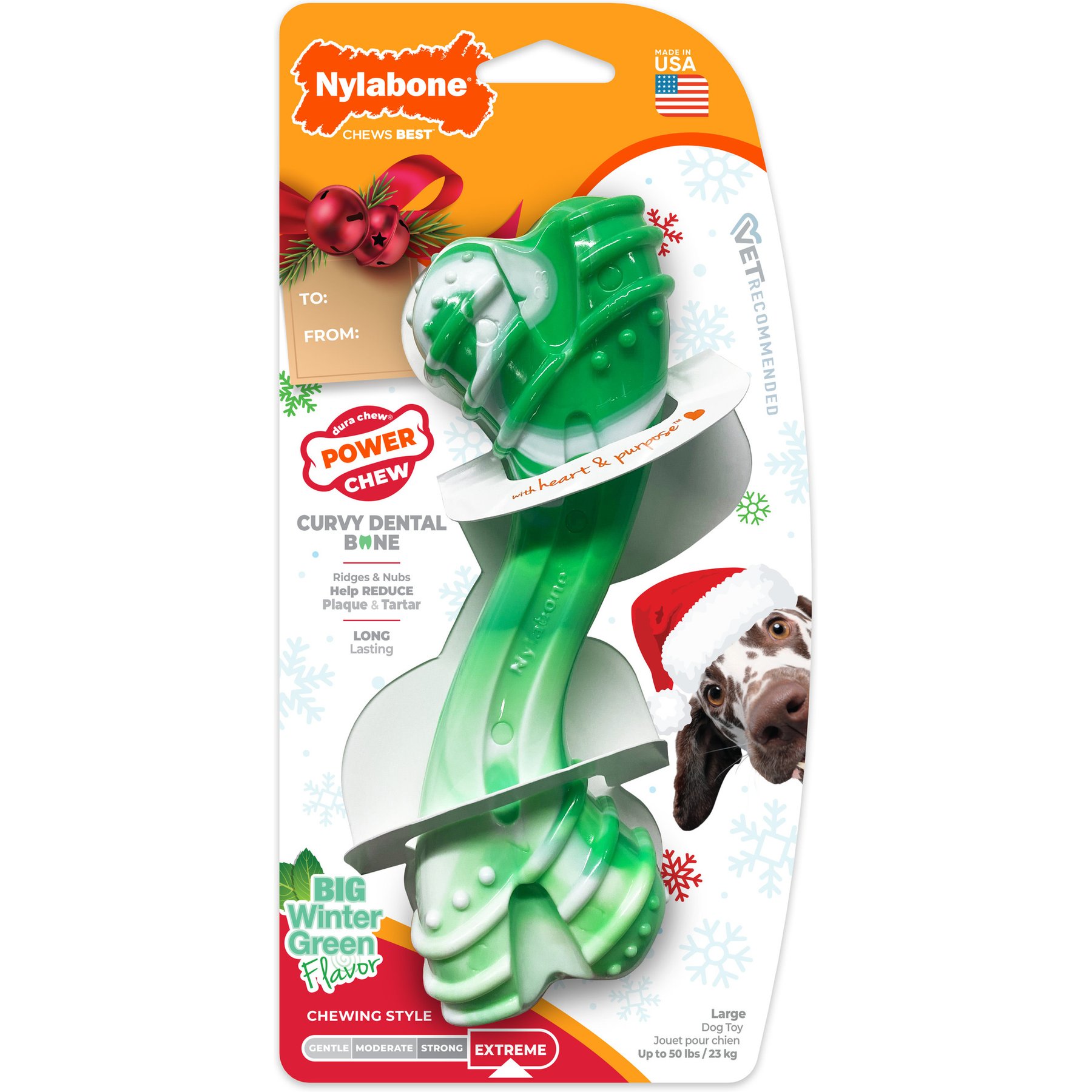 Nylabone Holiday Power Chew Curvy Dental Bone Dog Toy, Wintergreen, Large