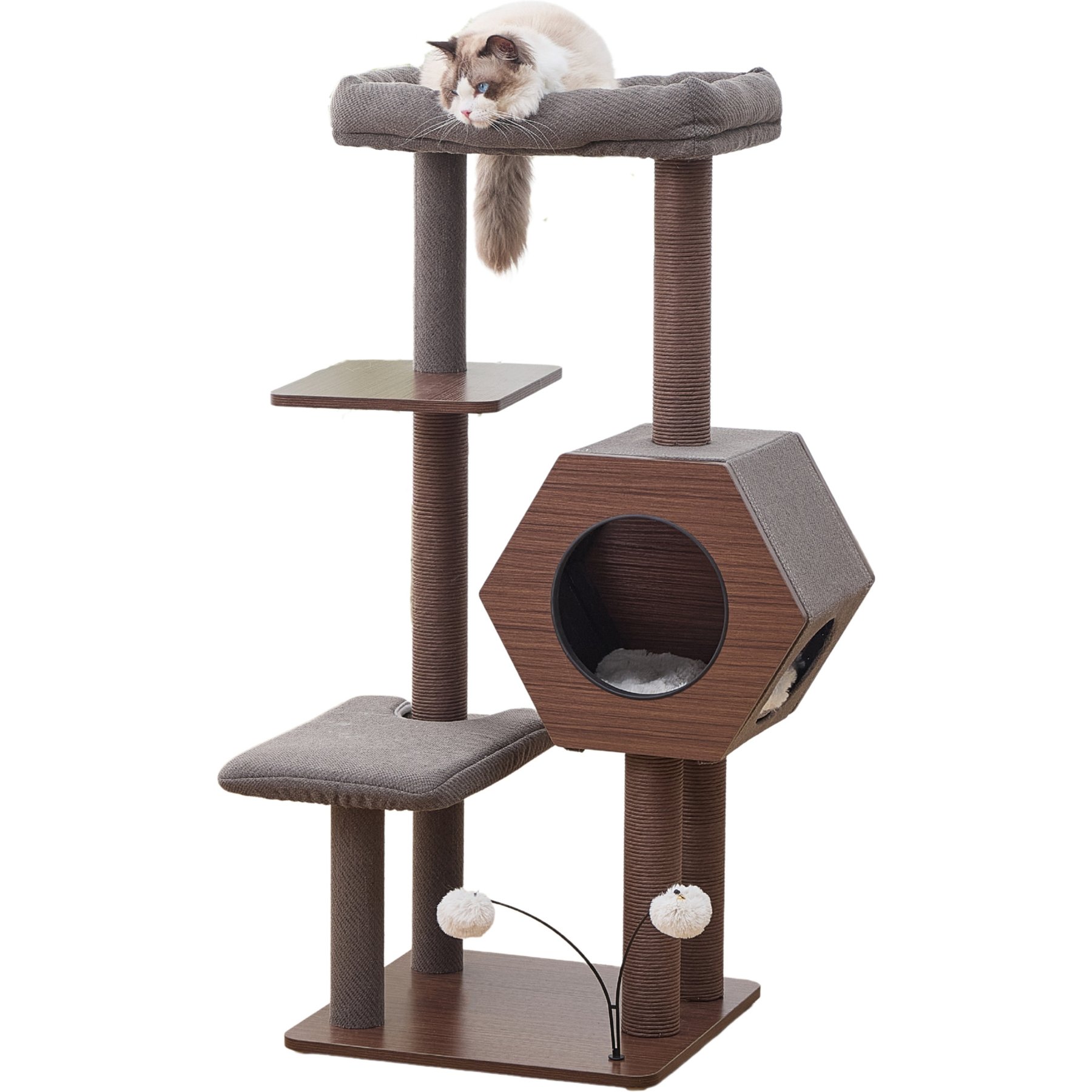 Petpals Wagon 2.0 5-Level Mid-Century Modern 37-in Polyester Cat Tree with Hexagon Condo, Recycled Scratchers, Washable Bed & Toy, Brown, Large